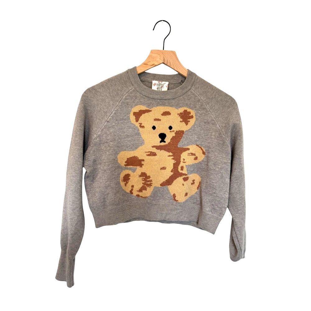Hippie Rose Gray Teddy Bear Knit Crewneck Sweater Long Sleeve Cropped Size XS